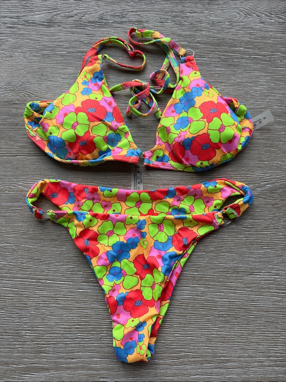 Neon Floral Ribbed Bikini Set